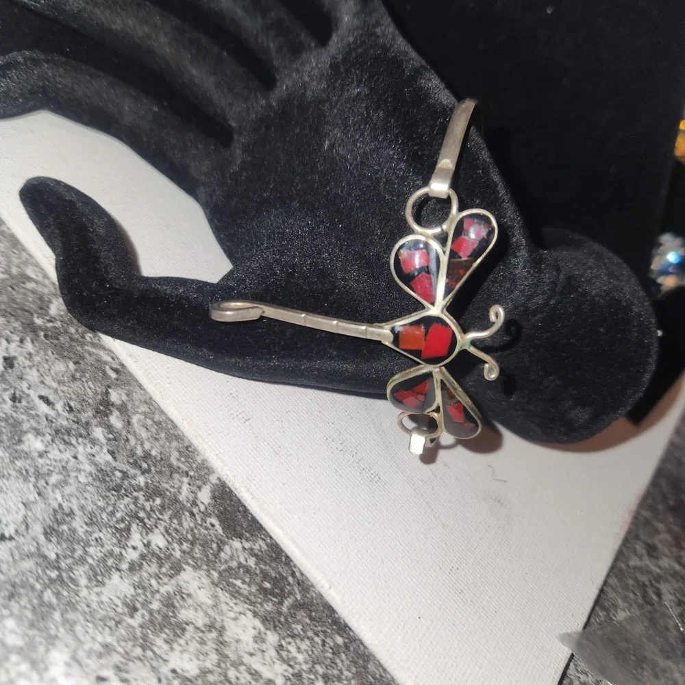 Vintage Dragonfly Inlay Cuff Bracelet Red Black‎ Mosaic Silver Tone Artisan Boho